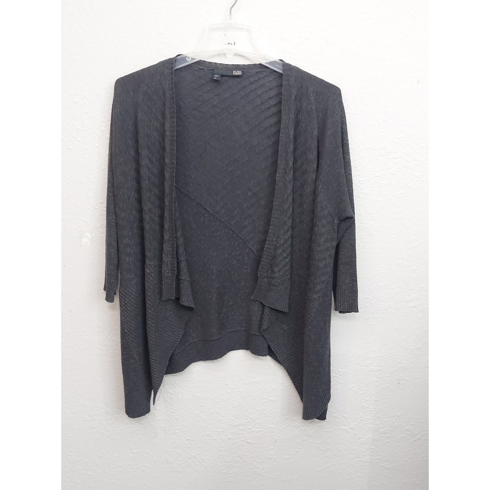 Eileen Fisher Cardigan Sweater Womens Medium Gray Cotton Linen Open Front